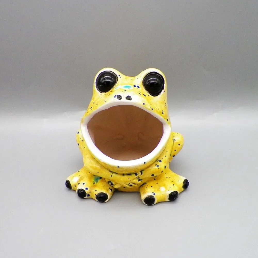 Vintage Wide Mouth Ceramic Frog Speckled Yellow Kitchen Sponge Holder Handmade